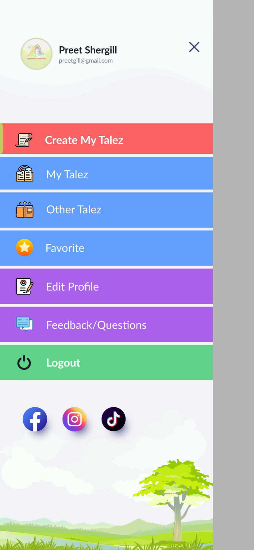 Slide-out navigation drawer with user avatar and menu entries