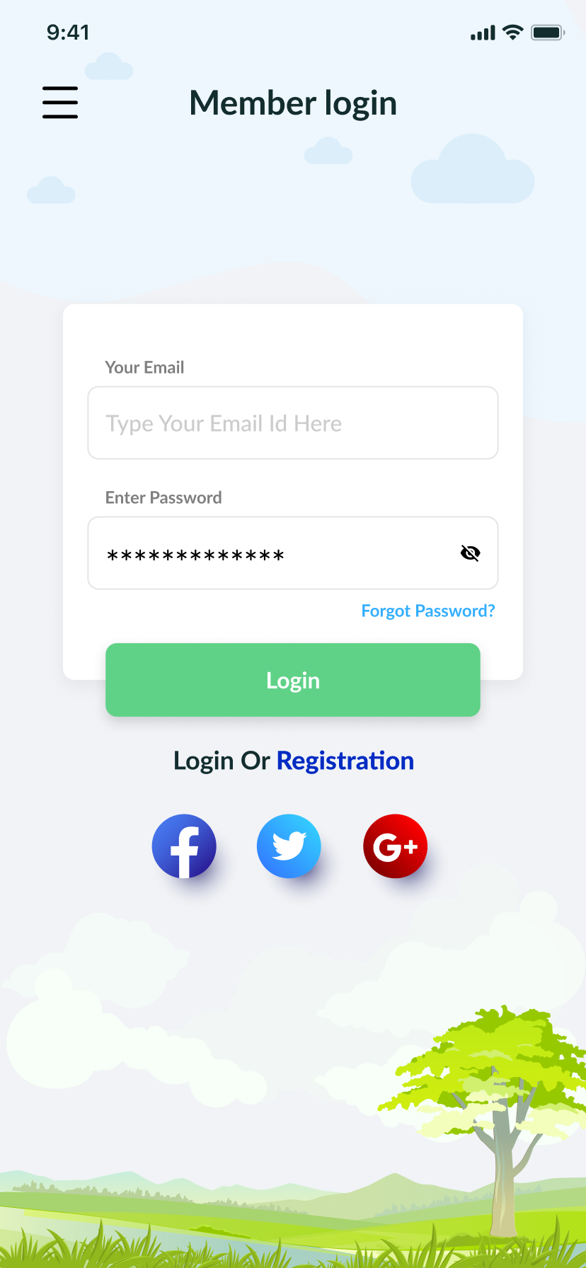 Member login with email, password and social sign-in