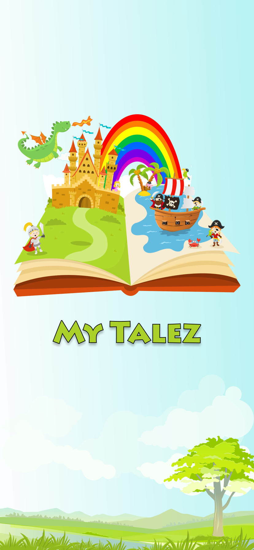 Splash screen with open storybook, castle, dragon and pirate ship
