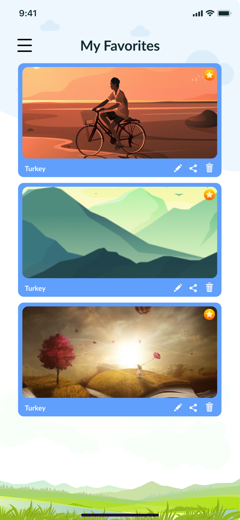 My Favorites list with edit, share and delete actions