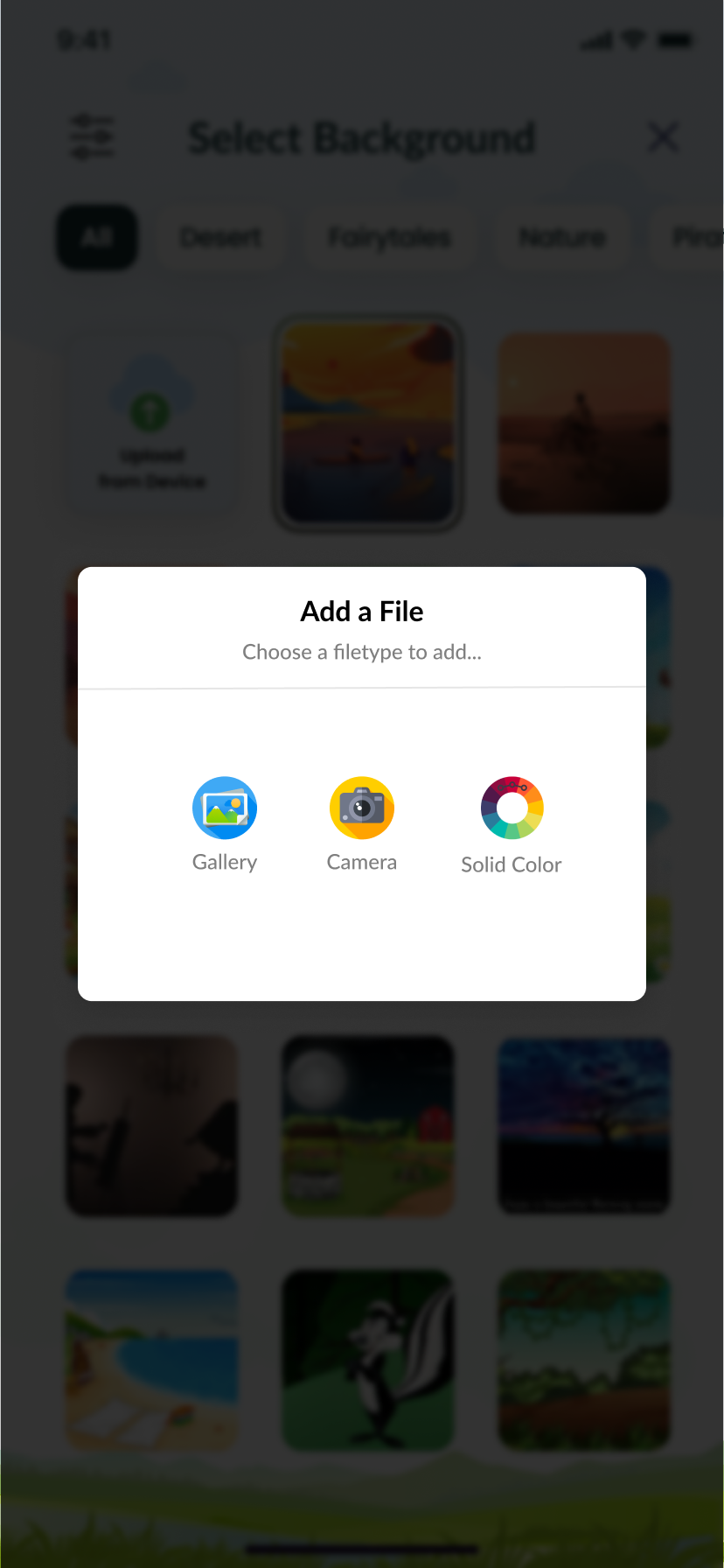 Add a File sheet offering Gallery, Camera or Solid Color