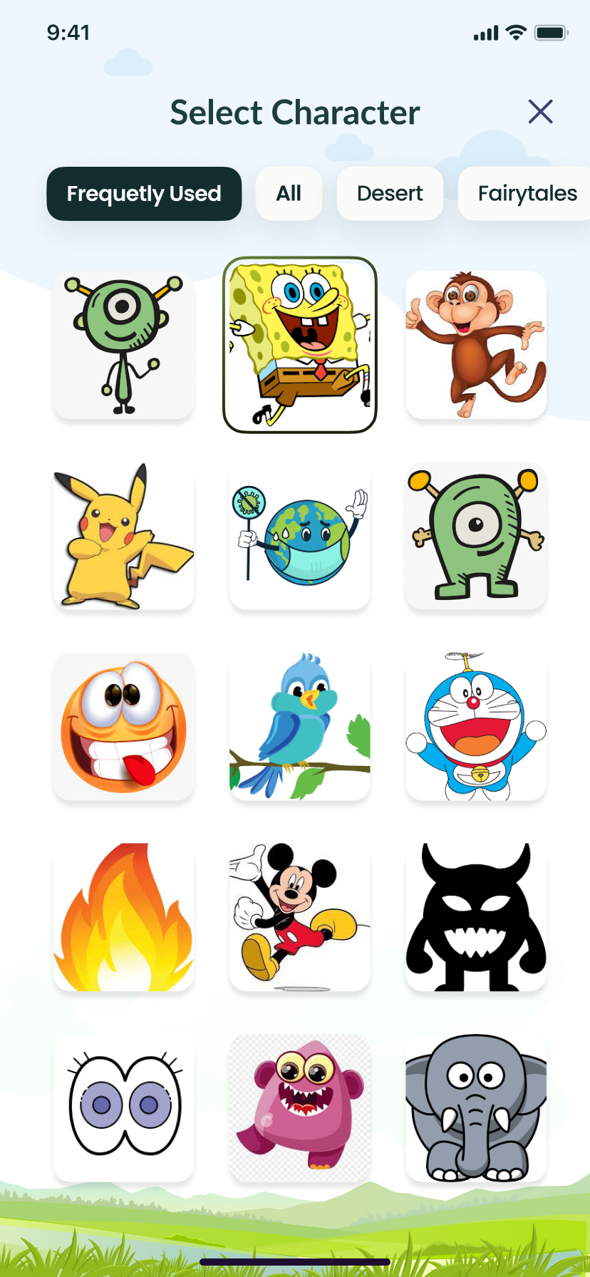 Character and sticker selection grid