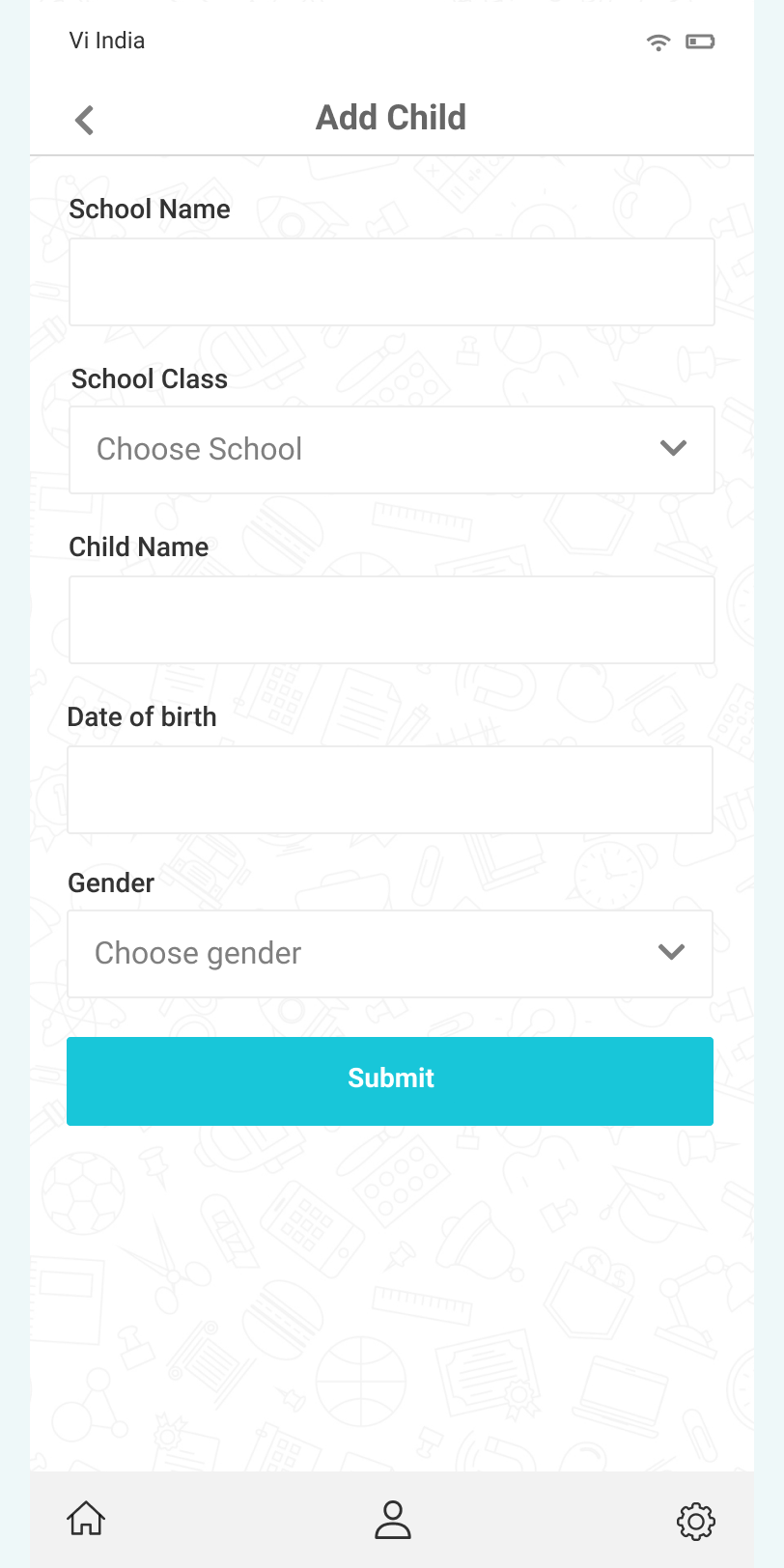 Add Child form capturing school, class, name, DOB and gender