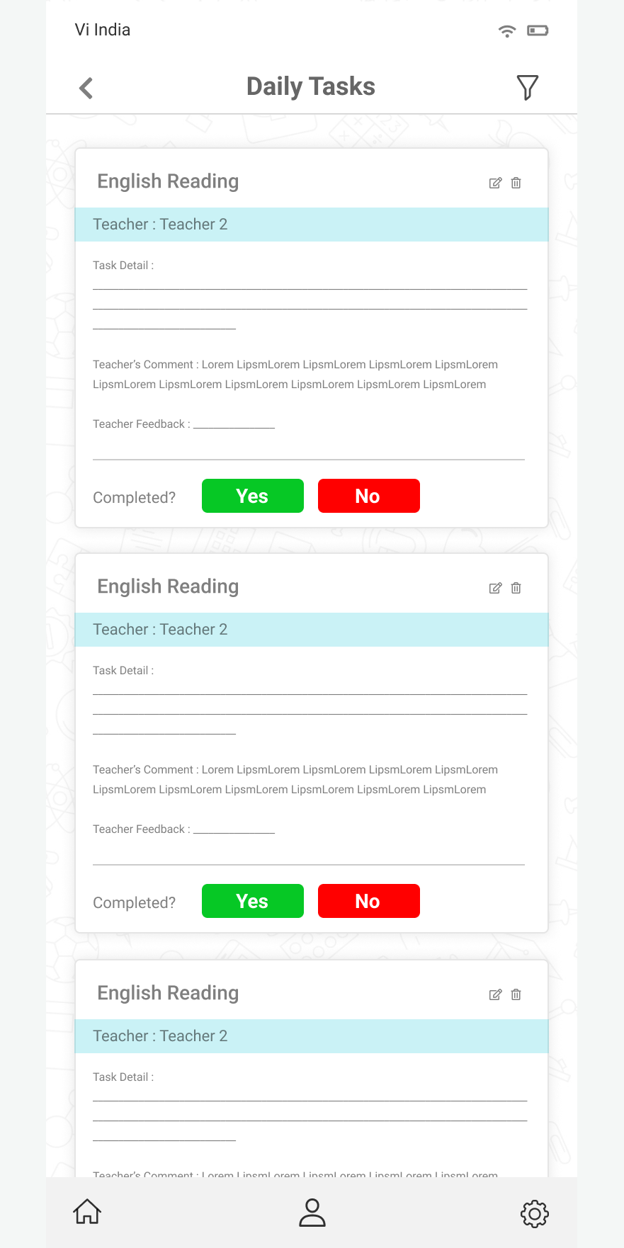 Daily Task feed with Yes/No completion answer