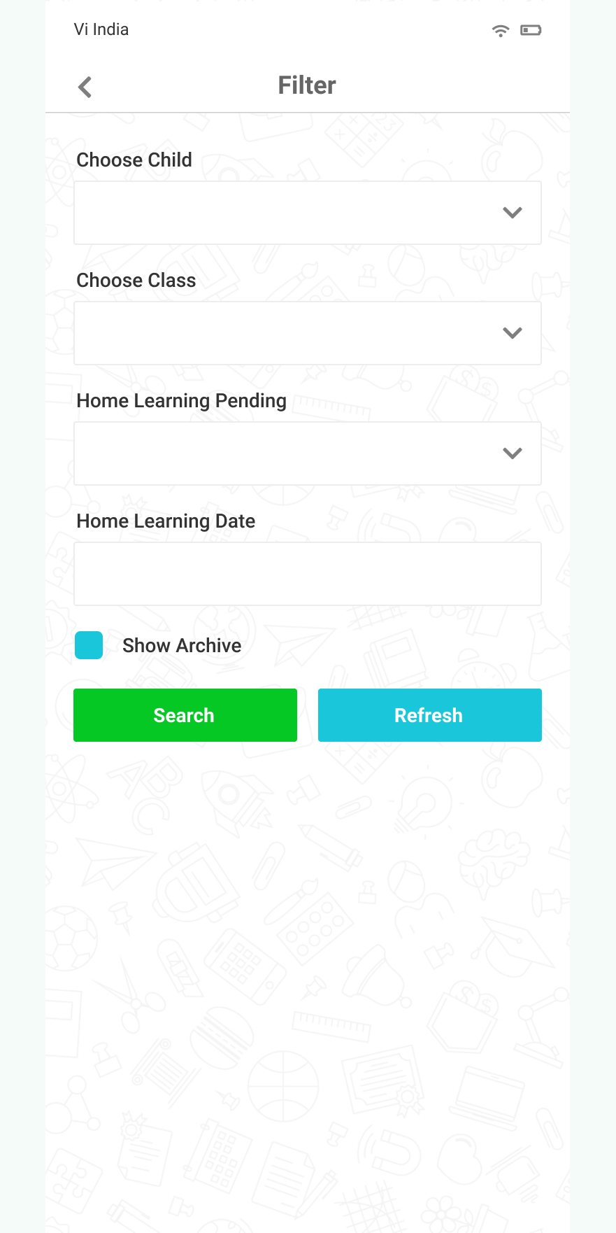 Home learning filter with child, class, pending state and archive