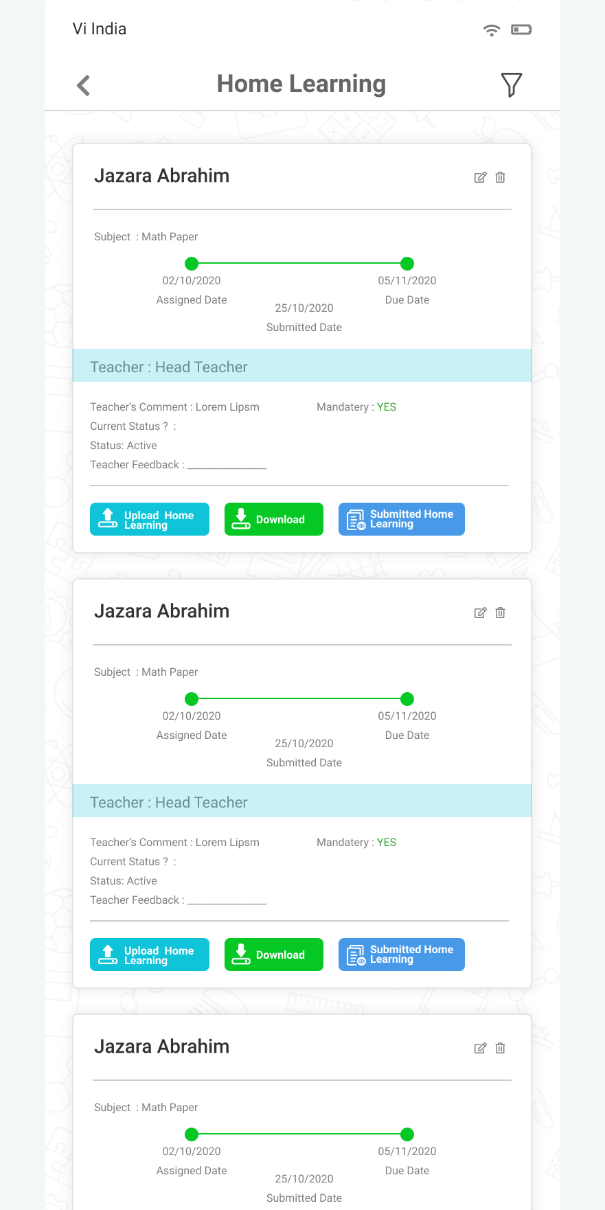 Home learning feed of assignment cards with progress line