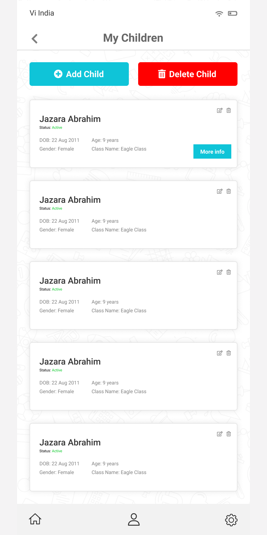 My Children list with per-child status cards