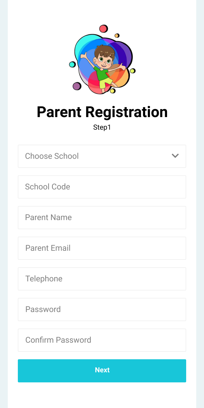 Registration step one: school, school code, parent details