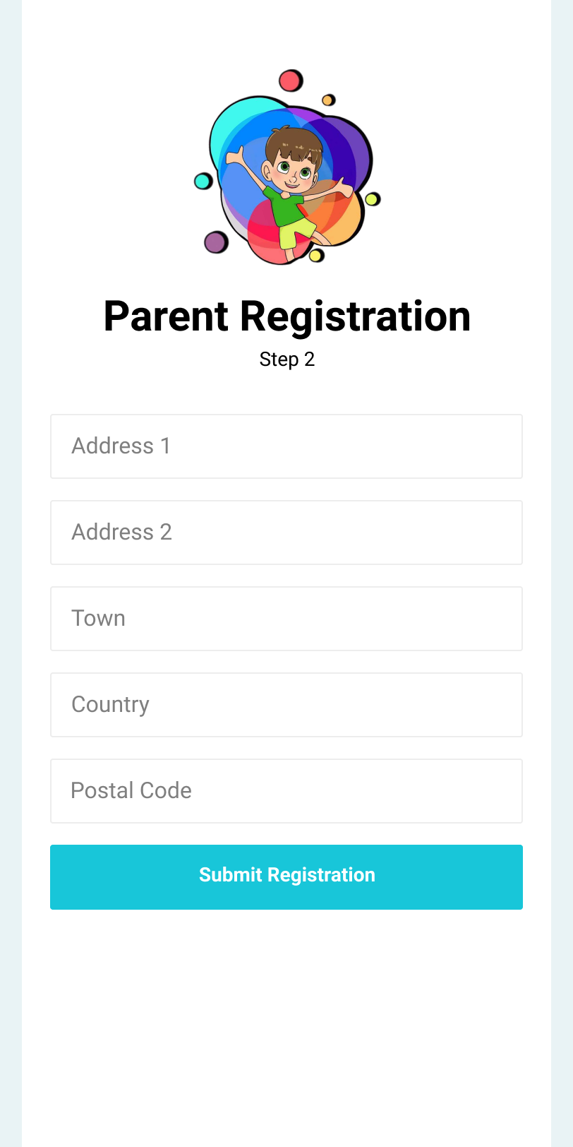 Registration step two: address, town, country and postal code