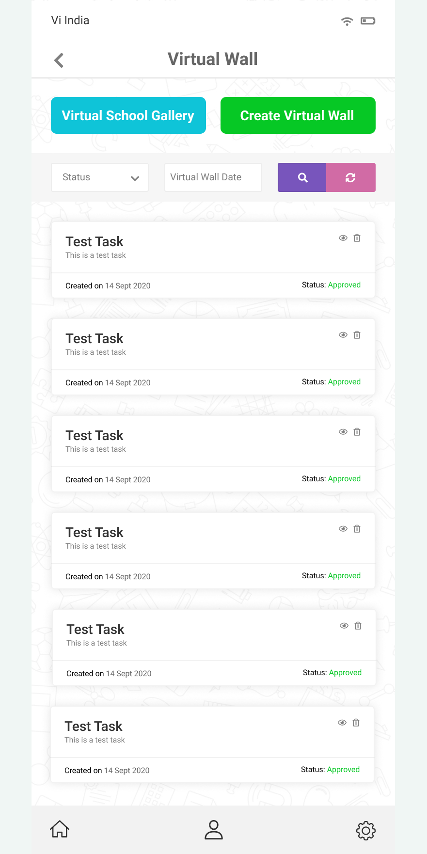 School gallery view with status and date filters