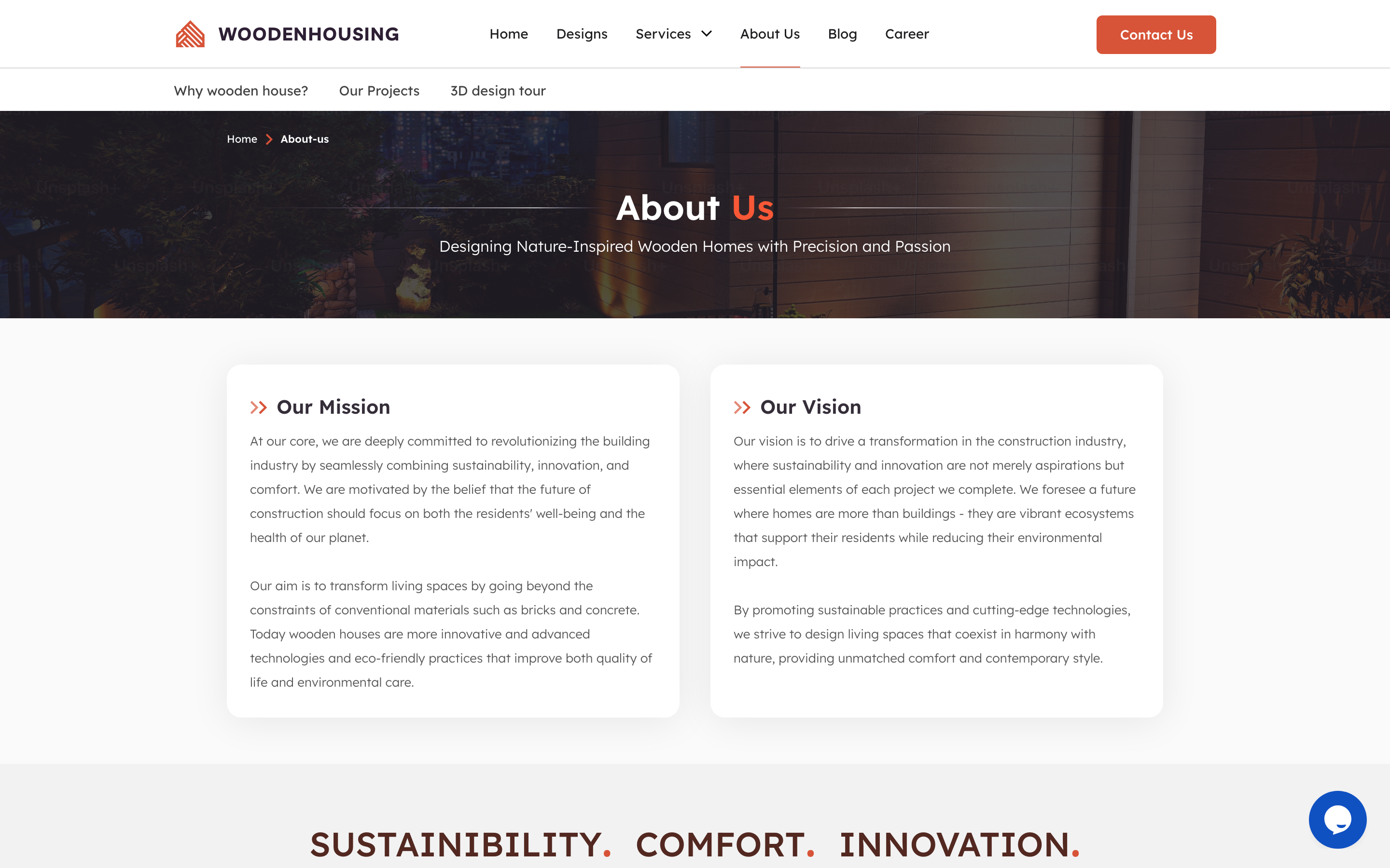 About Us page with Our Mission, Our Vision and the Sustainability Comfort Innovation statement