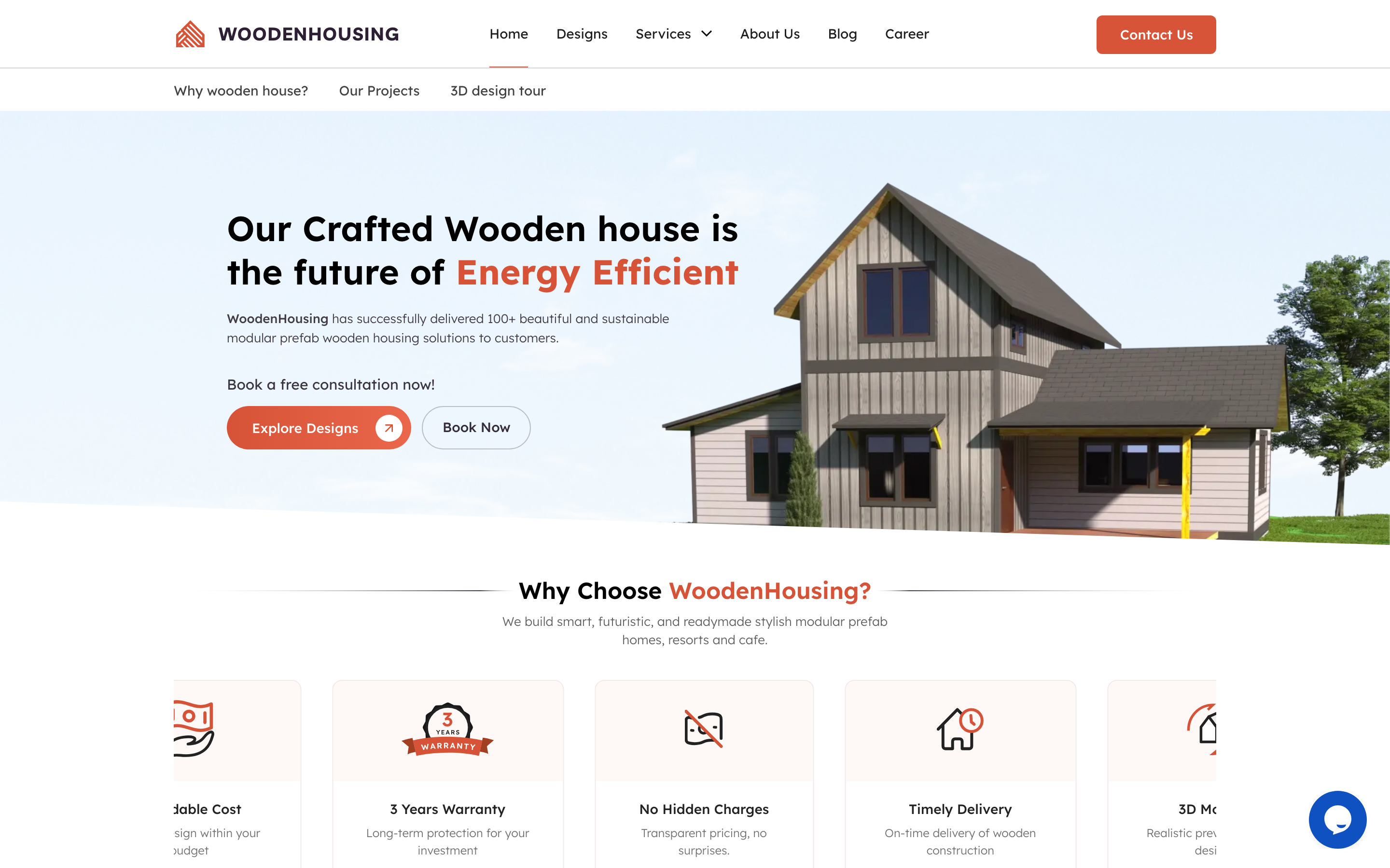 WoodenHousing home page on desktop with rotating headline and Explore Designs call to action