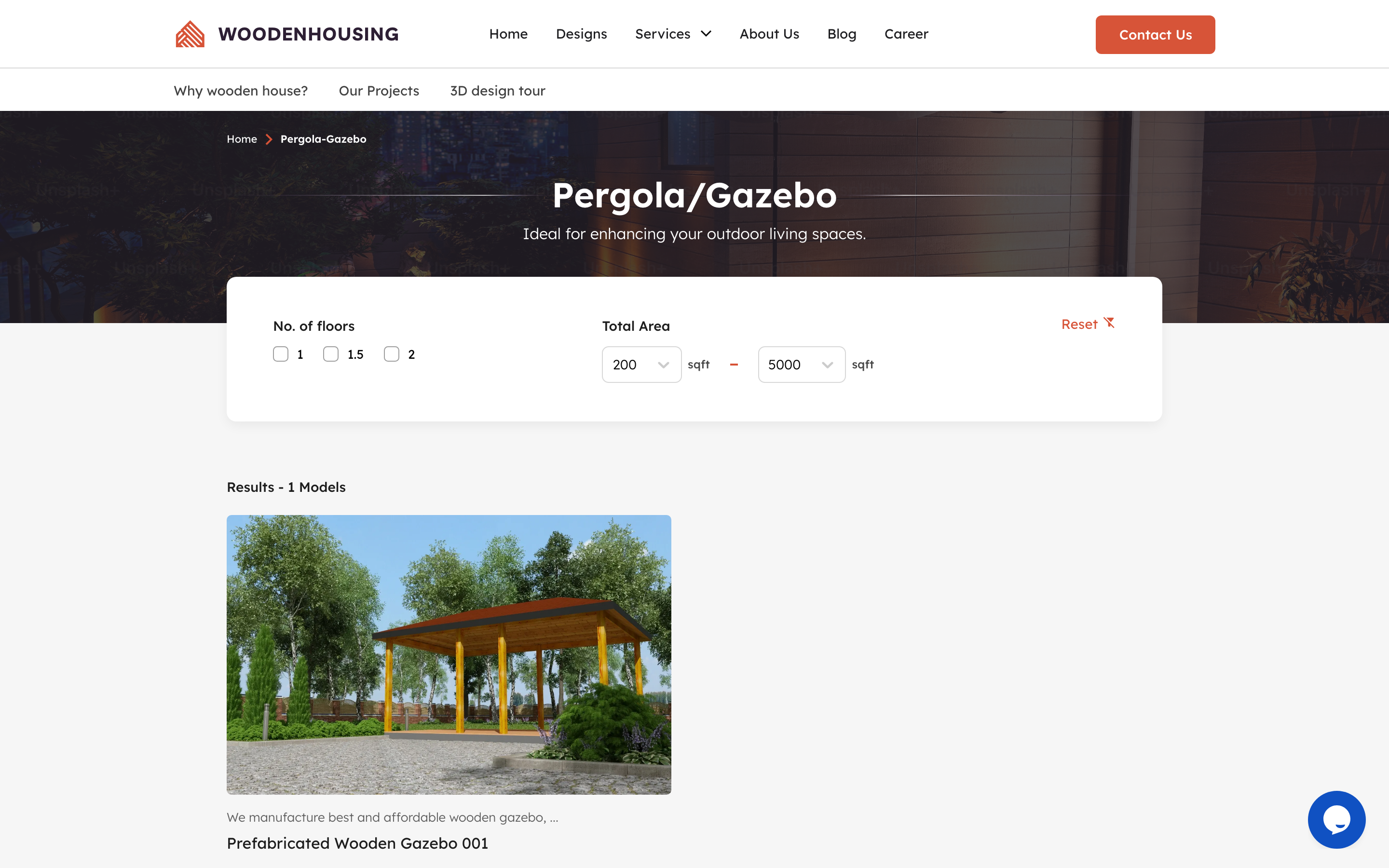 Pergola and Gazebo category page on desktop with dark hero and model grid