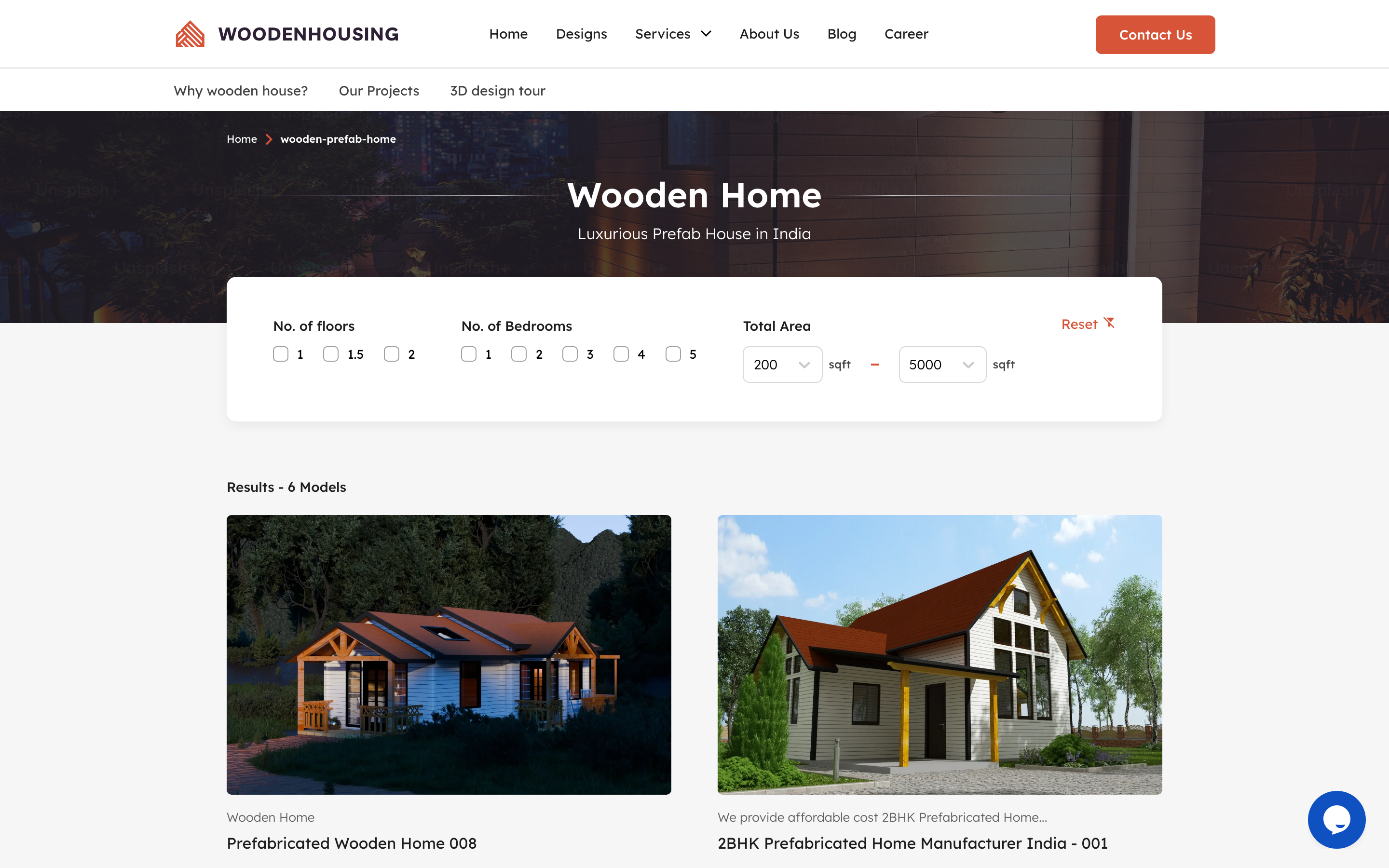 Wooden Prefab Home listing with filters for floors, bedrooms and area